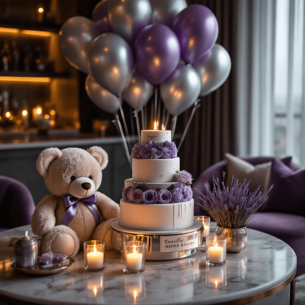 Bear with Balloons: The Ultimate Guide to Whimsical Event Decor Close-up of a luxurious birthday celebration featuring a designer teddy bear next to a tiered cake display, surrounded by lavender and silver balloons. Candlelight casts a warm glow on marble countertops, complemented by velvet chair cushions and sheer curtains. Custom party favors and personalized signage enhance the elegant decor, while moody lighting and fairy lights add a touch of sparkle.