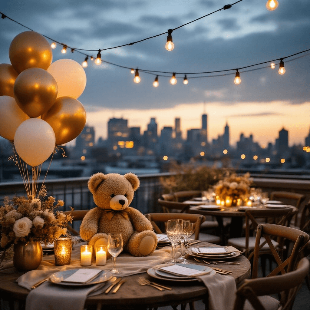 Bear with Balloons: The Ultimate Guide to Whimsical Event Decor Moody rooftop terrace celebration with fairy lights, vintage teddy bear among gold and ivory balloon clusters, rustic wooden tables set with mixed metallic and ceramic place settings, dried flower arrangements, layered textiles, and romantic candlelight against a city skyline backdrop.