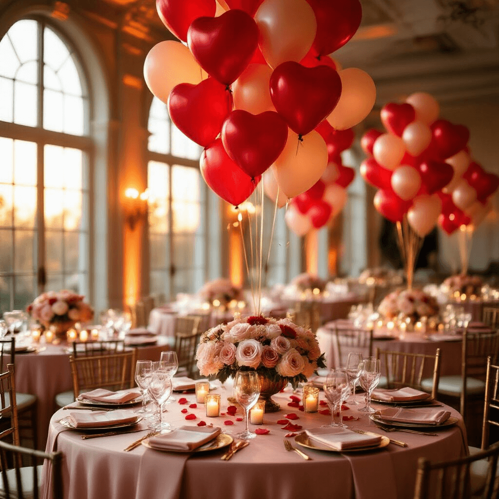 Red Heart Balloons: The Ultimate Guide to Romantic Event Styling Cinematic wide-angle shot of an elegant indoor ballroom at golden hour, adorned with cascading red heart balloons, round tables with blush pink silk linens and gold accents, crystal glassware, ivory rose centerpieces, flickering candles, and rose petals, featuring a deep red and neutral color palette with metallic gold touches.