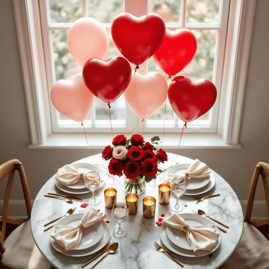 Red Heart Balloons: The Ultimate Guide to Romantic Event Styling Overhead view of a romantic dining nook with red heart balloons, a marble table set with white plates and gold-rimmed glassware, surrounded by fresh red roses and vanilla candles, all illuminated by soft morning light.