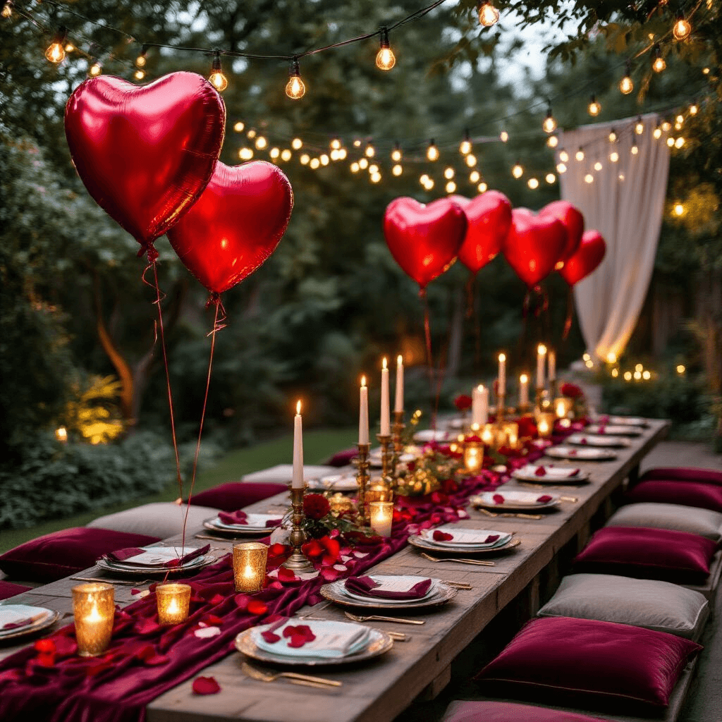 Red Heart Balloons: The Ultimate Guide to Romantic Event Styling Close-up detail of a romantic backyard anniversary celebration featuring heart mylar balloons, low wooden tables with velvet cushions, fairy lights, layered textiles, vintage brass candles, and rose petals, creating an intimate candlelit atmosphere.