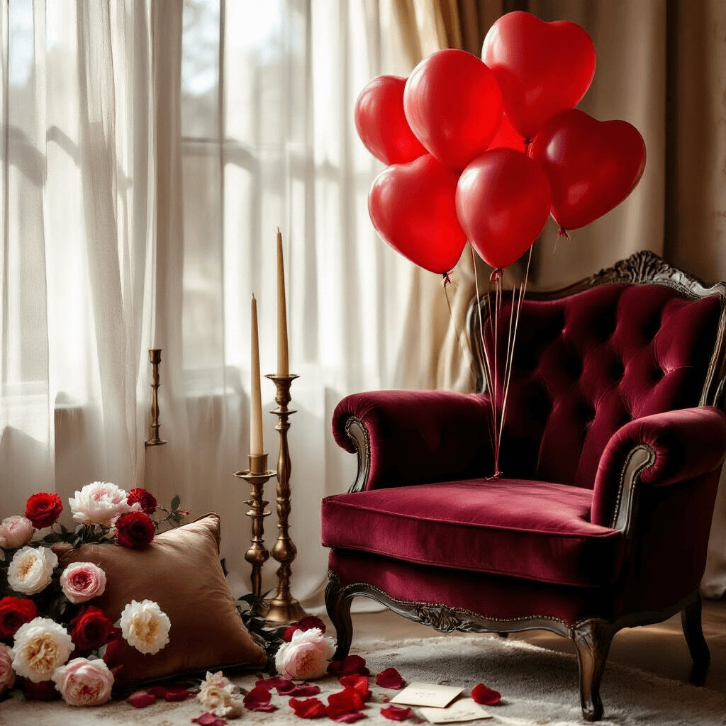 Red Heart Balloons: The Ultimate Guide to Romantic Event Styling Close-up of a romantic living room corner featuring red heart latex balloons near a vintage burgundy velvet armchair, with sheer curtains filtering sunlight. Decor includes silk throw pillows, brass candlesticks, fresh peonies, and scattered love letters, creating an intimate, luxurious ambiance.