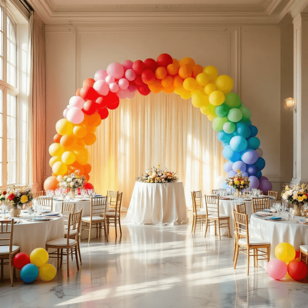 Colorful Balloons: The Ultimate Party Decor Secret Weapon Wide-angle shot of a beautifully decorated indoor ballroom during golden hour, showcasing a rainbow balloon arch, round tables with white silk linens and pastel balloon floral centerpieces, and vibrant primary color elements like streamers and balloon clusters, all illuminated by natural sunlight streaming through tall windows.
