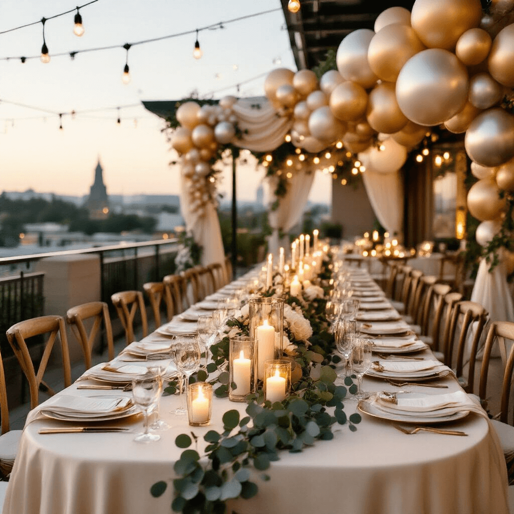 Colorful Balloons: The Ultimate Party Decor Secret Weapon Elegant rooftop wedding reception setup with ivory silk-draped long tables, metallic gold and silver balloon garlands, eucalyptus greenery, crystal glassware, pillar candles, and string lights, featuring a sophisticated champagne, blush pink, and cream color palette.