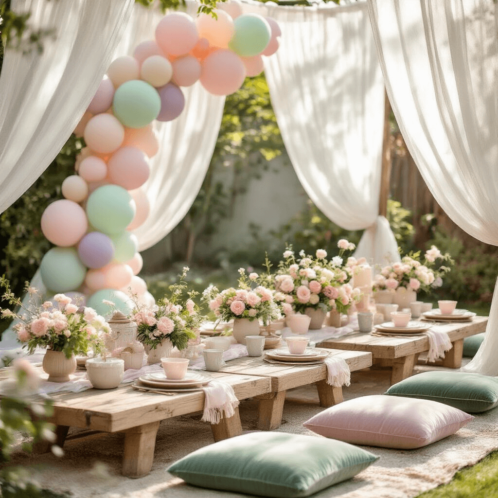 Colorful Balloons: The Ultimate Party Decor Secret Weapon Close-up detail of a stylish backyard baby shower featuring rustic wood tables, sage green velvet cushions, pastel balloon arrangements, sheer white drapery, ceramic serving pieces, and delicate florals in soft morning light.