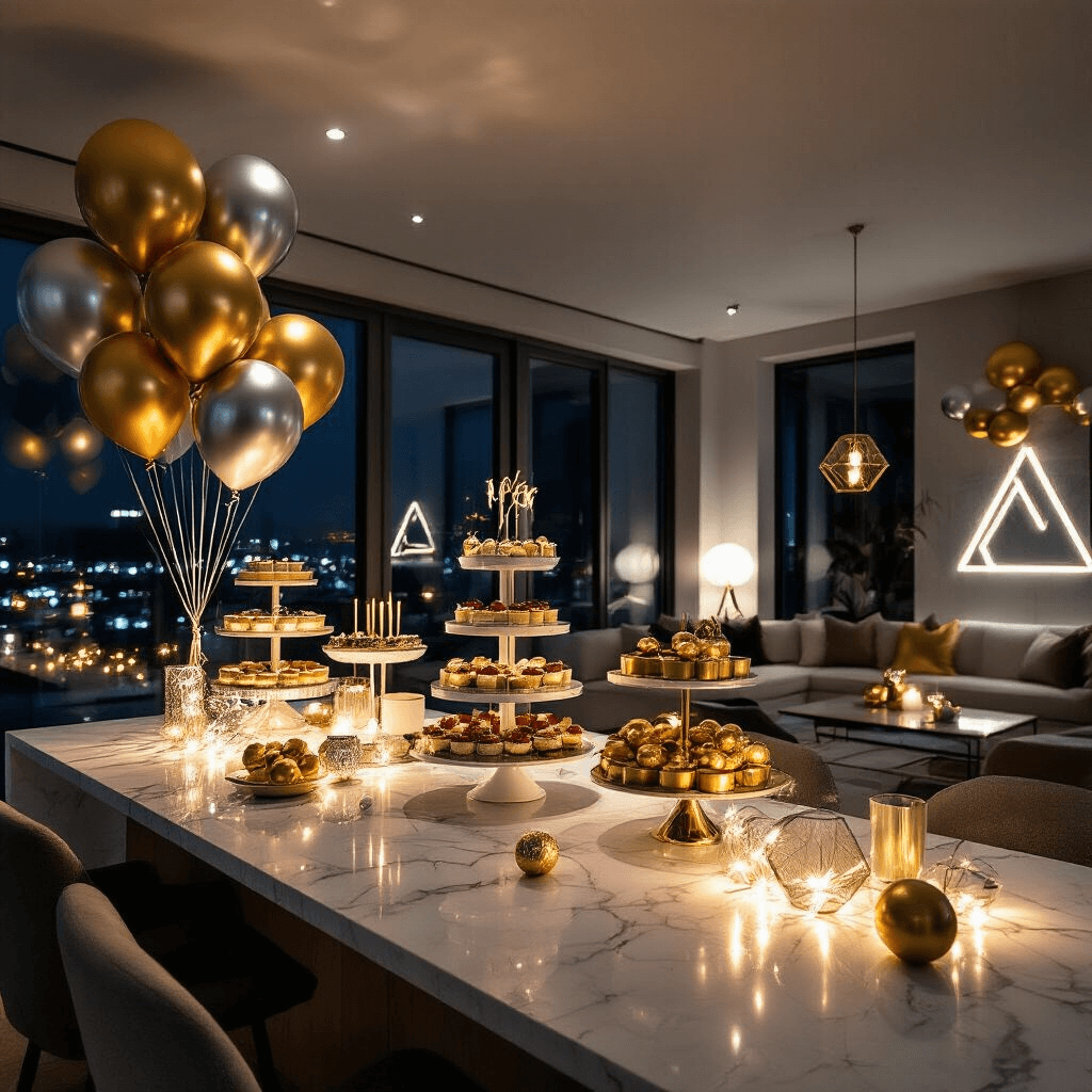Colorful Balloons: The Ultimate Party Decor Secret Weapon Cinematic wide shot of a modern apartment decorated for New Year's Eve with marble countertops, dessert stands, metallic balloons, and luxe minimal decor illuminated by moody lighting and LED string lights.