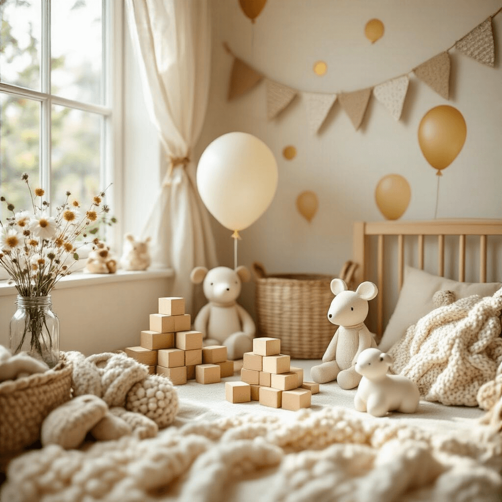 Balloon Wallpapers: Transform Your Space with Whimsical Design Close-up of a cozy nursery party scene featuring peel-and-stick balloon wallpaper installation, wooden toy blocks, handmade fabric bunting, and ceramic animal figurines, all illuminated by soft morning light in a cream and gold palette.