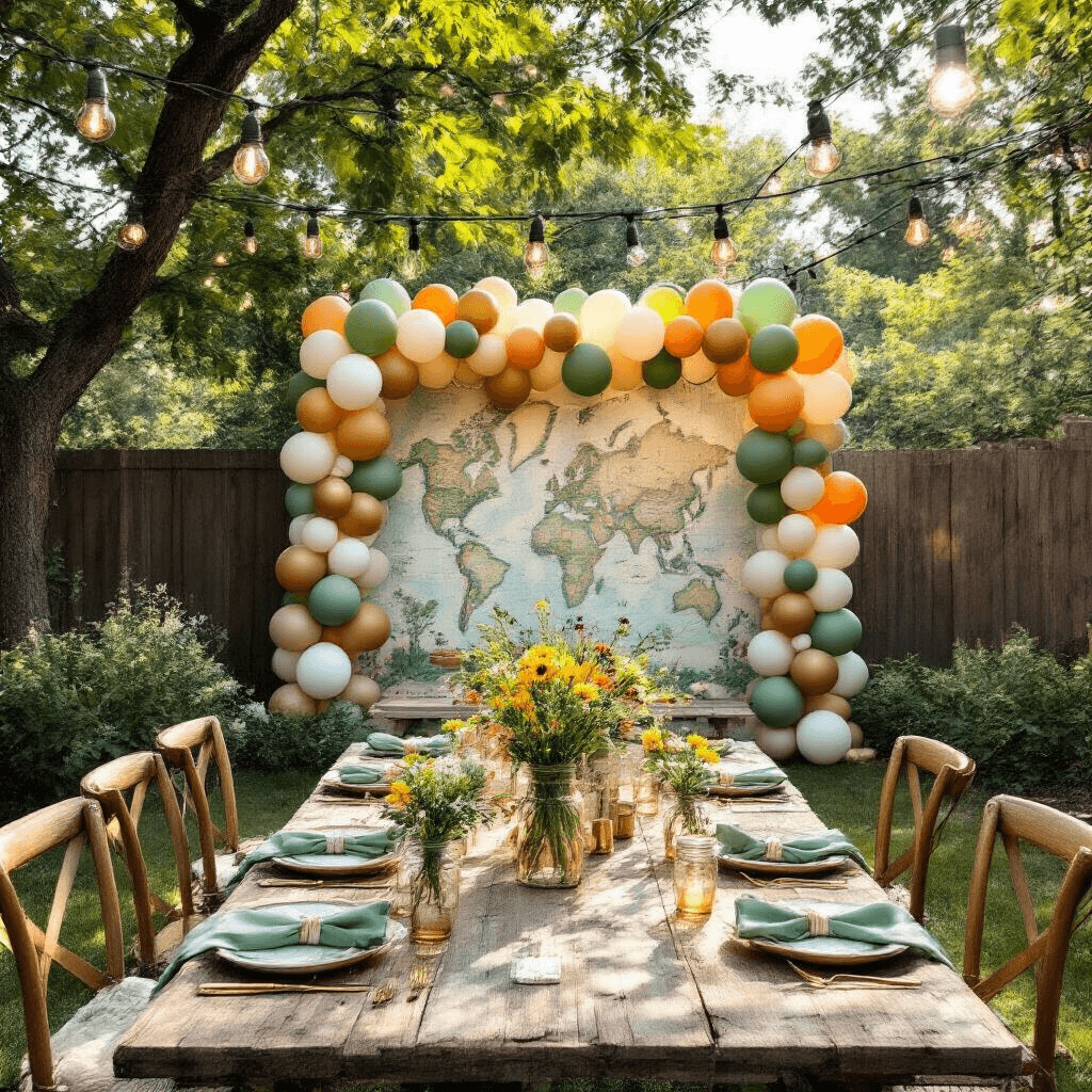 Balloon Wallpapers: Transform Your Space with Whimsical Design A stylish backyard party setup featuring rustic wood tables adorned with linen napkins in sage green, mason jars filled with wildflowers, and a removable balloon wallpaper backdrop. Overhead string lights create a warm ambiance under the afternoon sun, highlighting budget-friendly DIY elements and a vintage map theme.