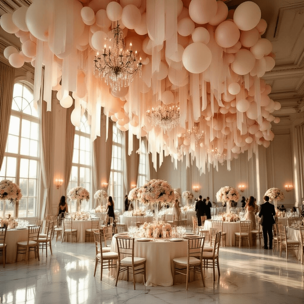 Link Balloons: The Ultimate Guide to Creating Stunning Event Decor Cinematic wide-angle shot of an elegant indoor ballroom adorned with blush pink and cream balloon installations, soft natural light filtering through tall windows onto marble floors, and guests mingling around beautifully styled tables with ivory centerpieces.