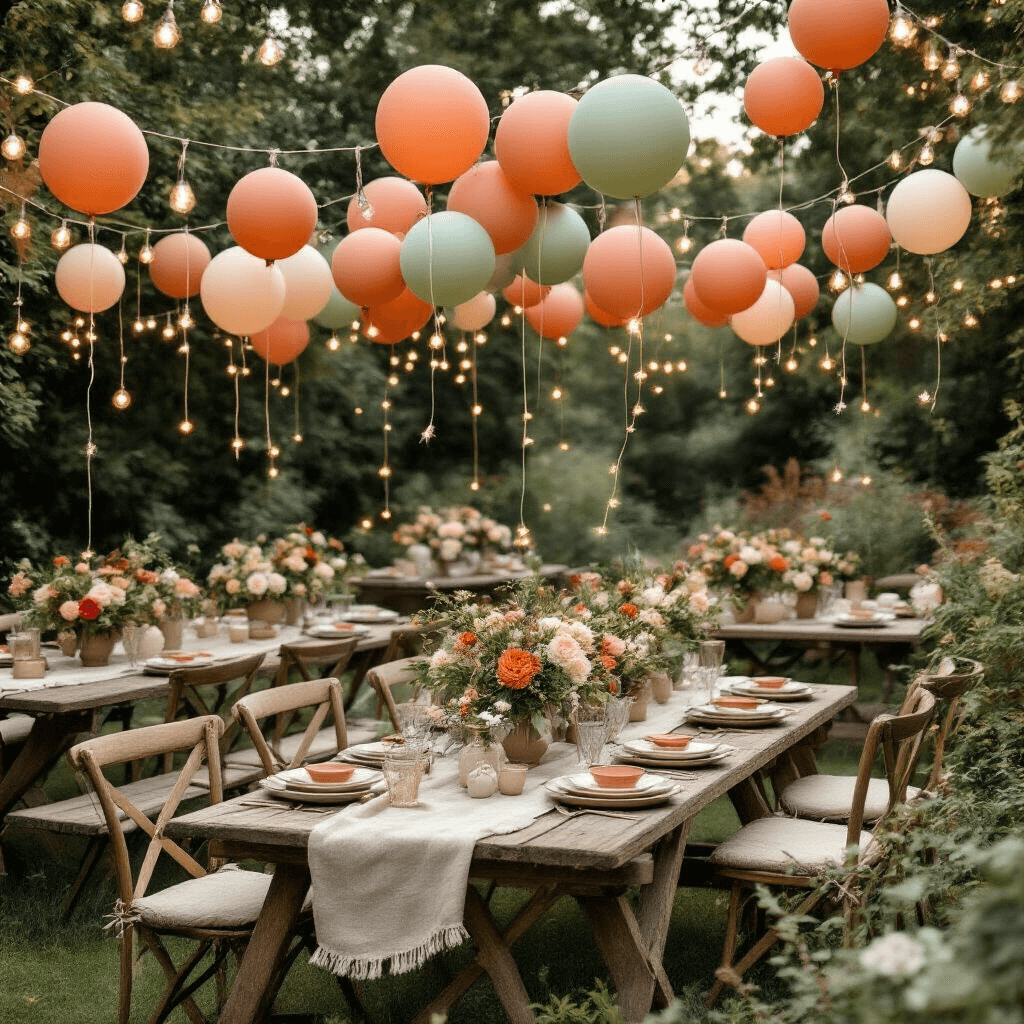Link Balloons: The Ultimate Guide to Creating Stunning Event Decor Overhead view of a whimsical garden party featuring terracotta and sage balloon garlands, rustic wooden picnic tables with fresh florals and linen runners, vintage chairs intertwined with balloon chains, twinkling fairy lights, ceramic place settings, and glass mason jars amidst layered textiles and natural elements.