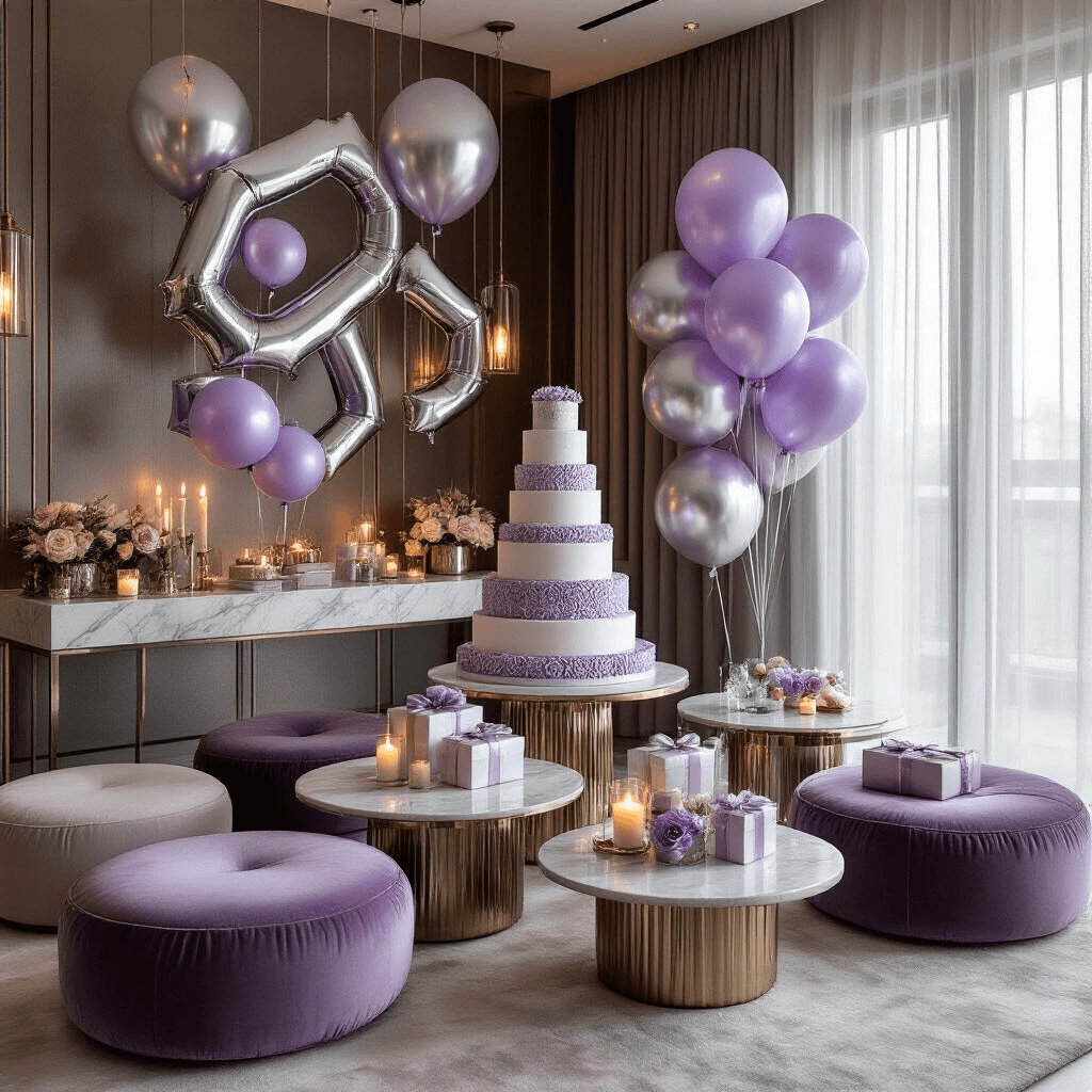 Link Balloons: The Ultimate Guide to Creating Stunning Event Decor Close-up of a modern apartment birthday celebration with lavender and silver double-stuffed link balloons, velvet floor cushions around a tiered cake display, geometric metallic balloon chains, candlelit ambiance through transparent balloons, elegant gift arrangements on marble countertops, and sheer drapery enhancing the luxurious minimal styling.