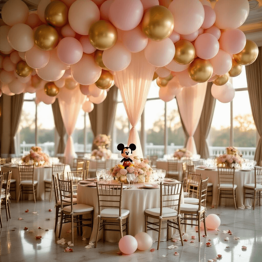 Disney Balloons: The Ultimate Guide to Magical Party Decor Wide-angle shot of an elegant ballroom decorated with Mickey Mouse-themed centerpieces, blush pink and gold foil balloons, ivory table linens, and crystal glassware under soft natural light.