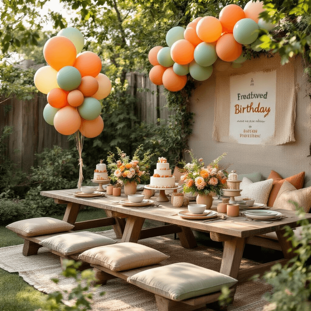 Disney Balloons: The Ultimate Guide to Magical Party Decor Close-up of a cozy backyard setup in soft morning light, featuring Pixar-themed balloon bouquets in terracotta and sage colors, low picnic tables with floor cushions, ceramic place settings, fresh floral arrangements, and tiered birthday cake displays, all illuminated by natural sunlight with a balloon photo backdrop adorned with personalized signage and earthy textiles.