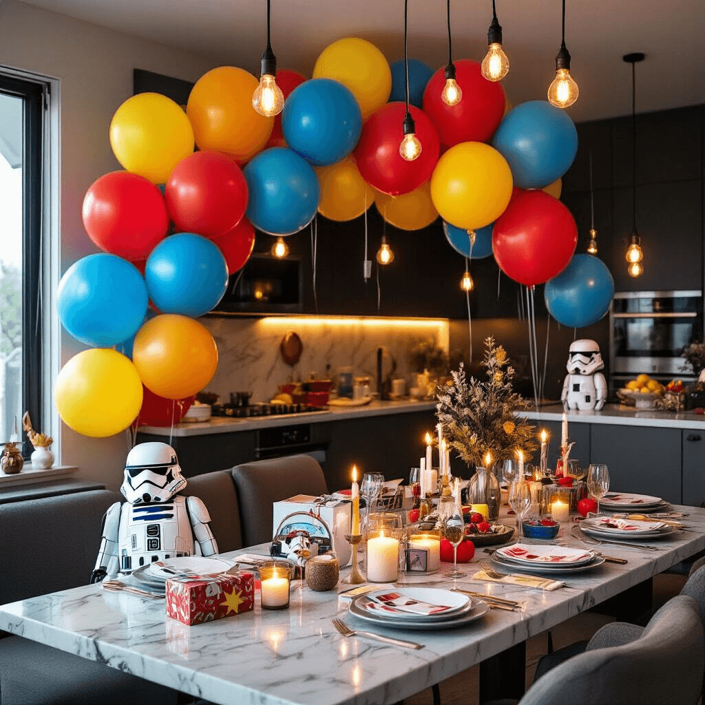 Disney Balloons: The Ultimate Guide to Magical Party Decor Intimate dining nook with Star Wars character balloons in primary colors, marble countertops adorned with balloon arch kits, custom party favors, and candles, illuminated by moody string lights in a modern apartment setting.