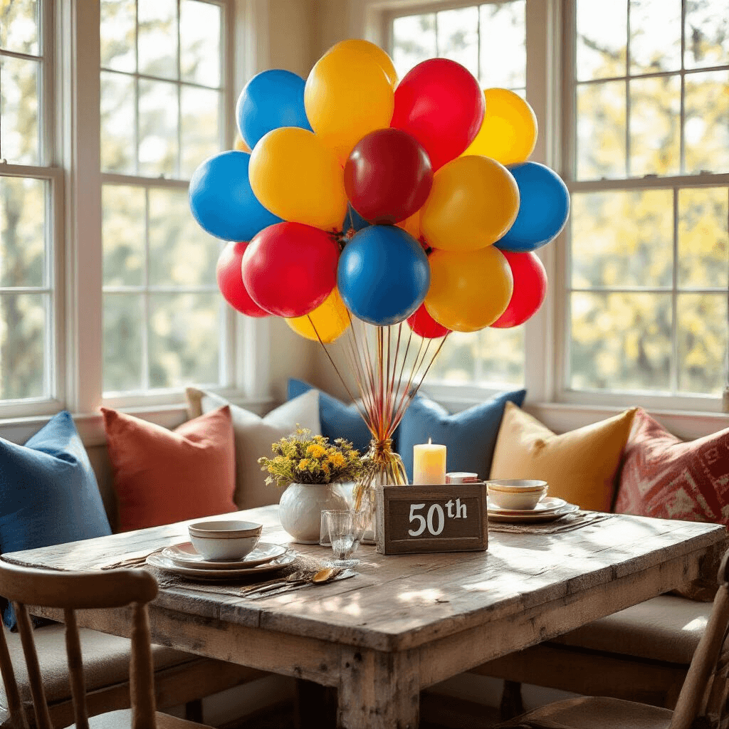 Elevate Your 50th Birthday Bash with Stunning Balloon Decor Cozy dining nook set for a 50th celebration, featuring a colorful balloon bouquet centerpiece on a reclaimed wood table, with layered textiles, ceramic serving pieces, and pillar candles, all illuminated by soft morning light.