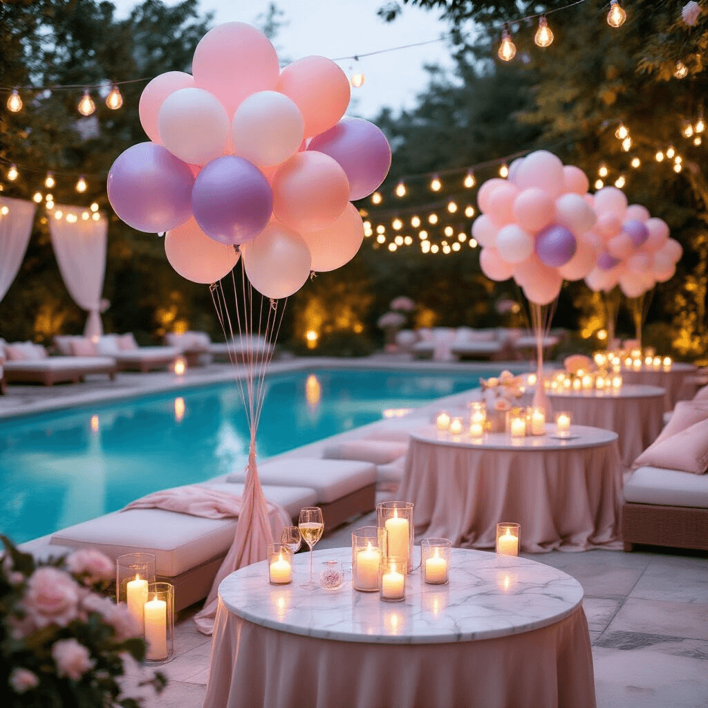 Stunning Pool Balloon Decor: The Ultimate Guide to Magical Poolside Styling Cinematic side-angle view of an elegant poolside evening party with pastel balloon arrangements, warm fairy lights, marble cocktail tables, and candlelit ambiance, creating a romantic and luxurious atmosphere.