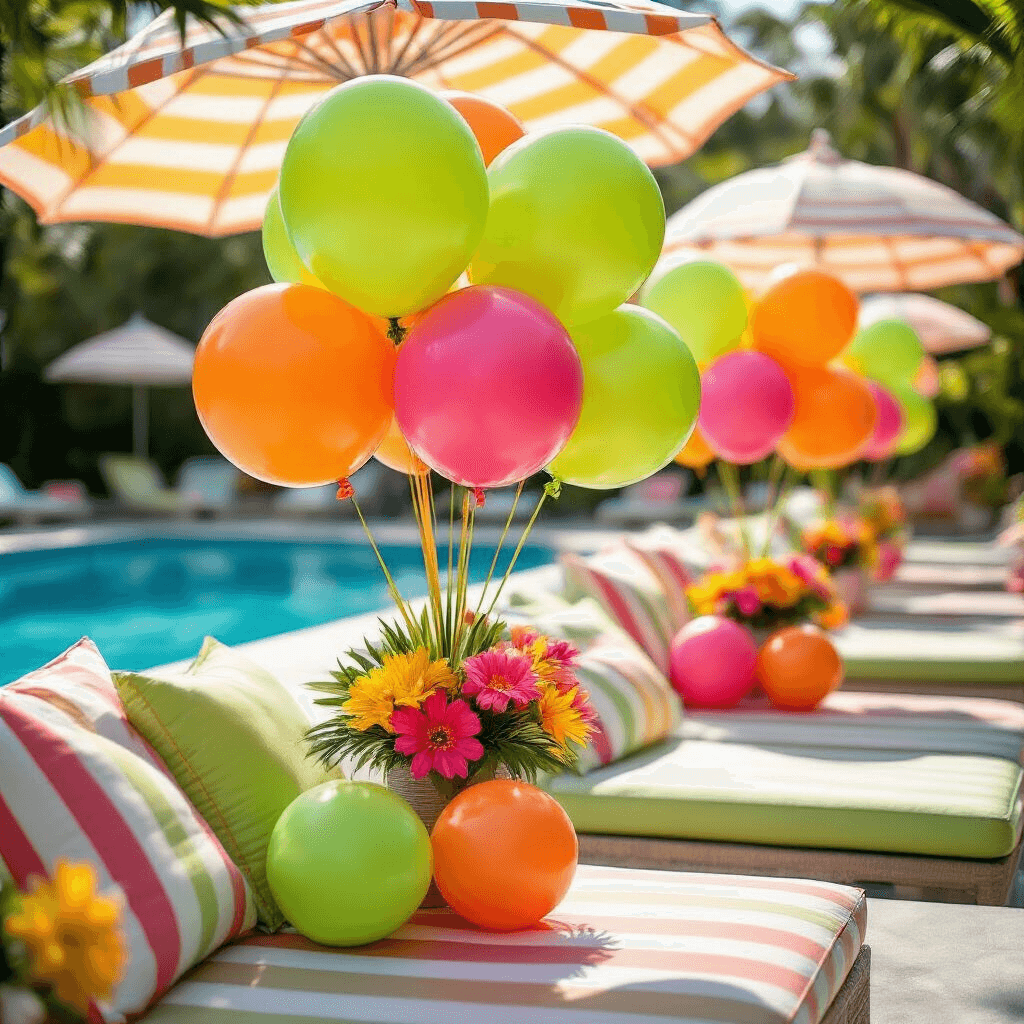 Stunning Pool Balloon Decor: The Ultimate Guide to Magical Poolside Styling Close-up of a vibrant tropical pool party setup featuring colorful balloon bouquets in lime green, hot pink, and electric orange, accented with fresh flowers and set against a backdrop of striped umbrellas and bright cushions, all illuminated by natural morning sunlight.