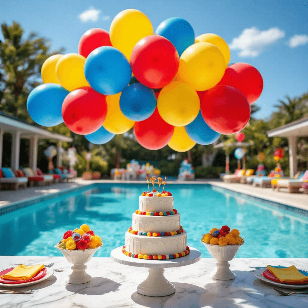 Stunning Pool Balloon Decor: The Ultimate Guide to Magical Poolside Styling Wide-angle view of a vibrant poolside birthday celebration with clusters of bold primary-colored balloons above a clear pool, surrounded by white tables with colorful linens and a tiered birthday cake on a marble stand, all under bright midday sun.
