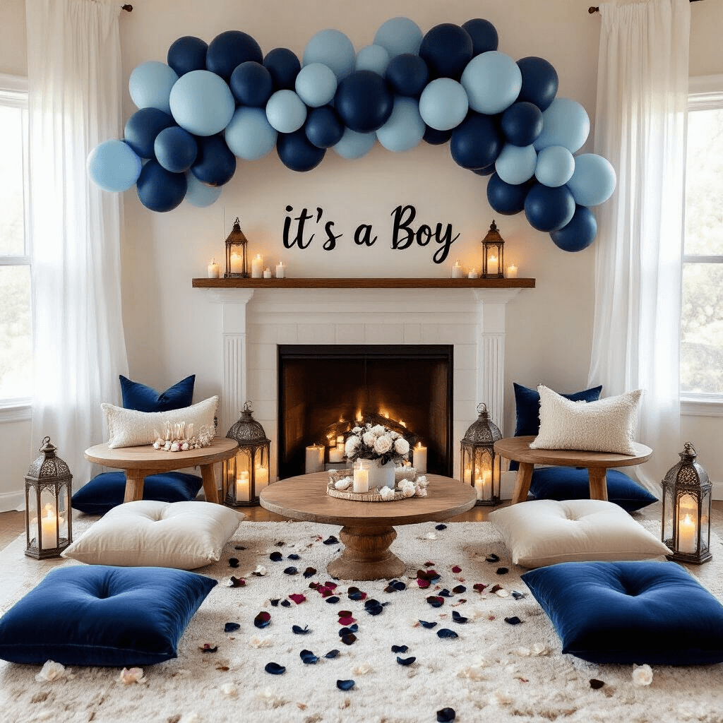 Celebrating New Life: The Ultimate Guide to "It's a Boy" Balloon Decor Overhead view of a cozy living room with low wooden tables, plush navy and cream cushions, and a balloon wall in ombré blues above the fireplace. Moroccan lanterns cast warm light while sheer white drapery adds softness. A hand-lettered 'It's a Boy' sign and scattered rose petals enhance the intimate atmosphere with custom party favors present.