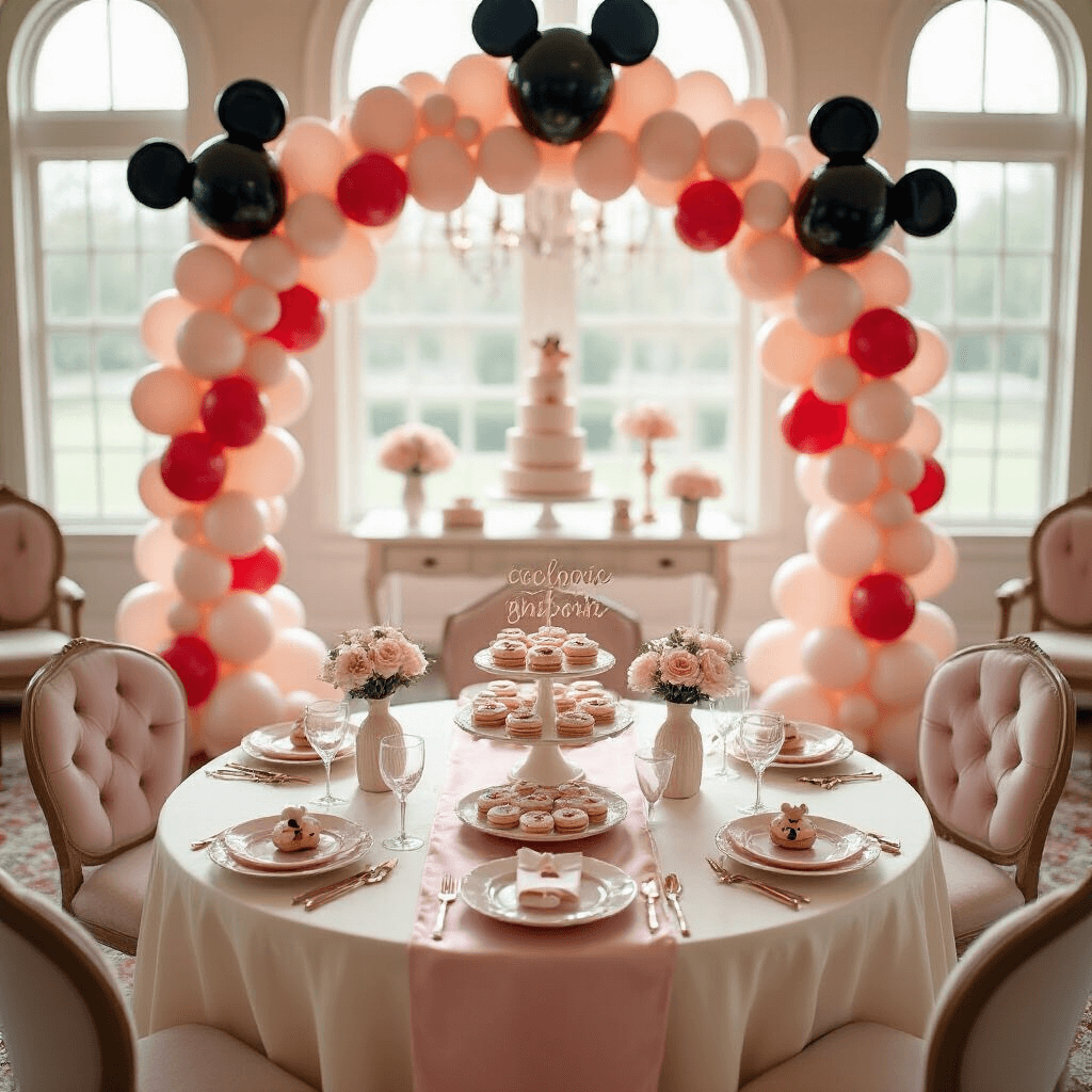 Mickey Mouse Balloons: The Ultimate Party Decoration Guide Cinematic overhead view of an elegant Mickey Mouse baby shower setup in blush pink and cream with red accents, featuring silk table runners, Mickey balloon clusters, a professional balloon arch, a dessert cart with personalized signage, velvet cushioned chairs, delicate glassware, and whimsical tulle and balloon decorations.