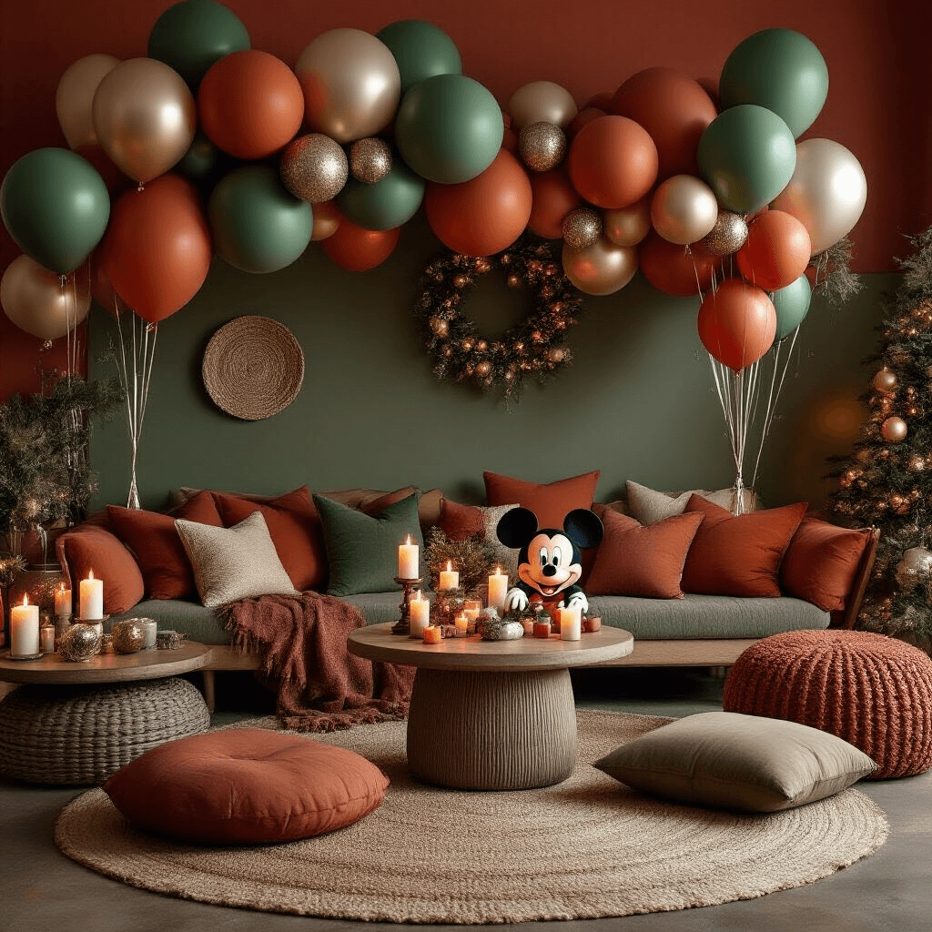 Mickey Mouse Balloons: The Ultimate Party Decoration Guide A cozy living room decorated for a holiday celebration featuring Mickey Mouse, with rich terracotta and sage green colors, low tables and floor cushions, clusters of textured balloons, and fairy lights. Candle groupings create an intimate ambiance amidst whimsical balloon styling and layered textiles.