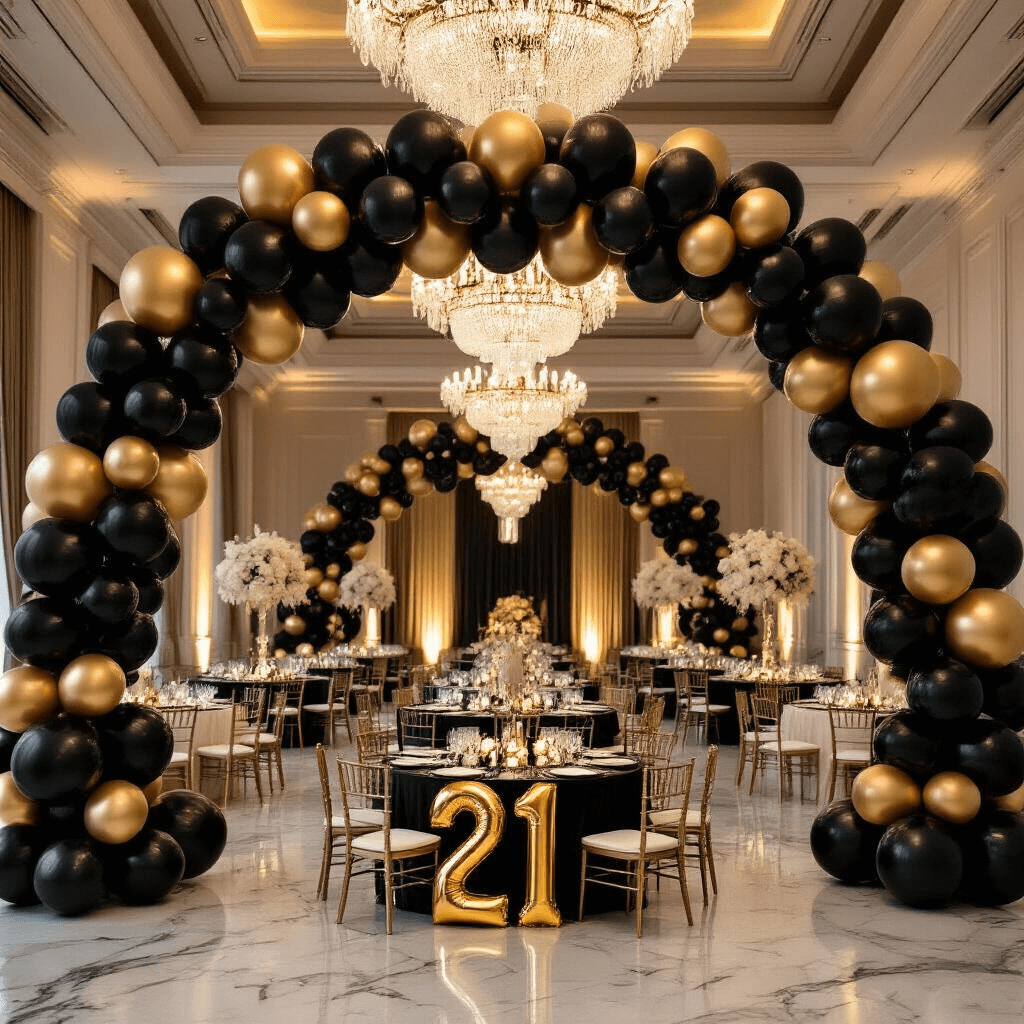 Celebrating 21: The Ultimate Guide to Stunning Birthday Balloon Decor Elegant indoor ballroom adorned with a cascading black and gold balloon arch, round tables with silk ivory linens, glossy '21' foil balloons as centerpieces, and crystal chandeliers illuminating marble floors, creating a luxurious atmosphere during golden hour.