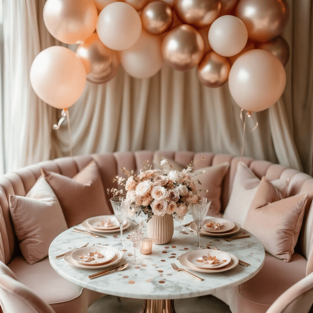 Celebrating 21: The Ultimate Guide to Stunning Birthday Balloon Decor Overhead view of an intimate dining setup featuring rose gold balloon decorations, velvet blush cushions, a low marble table with pastel floral accents, and elegant silk drapery in soft morning light.