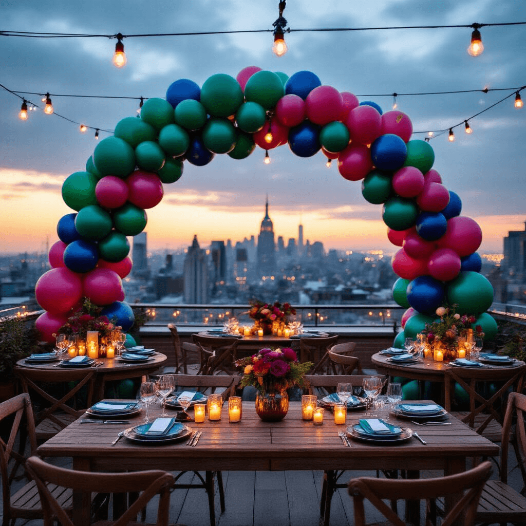 Celebrating 21: The Ultimate Guide to Stunning Birthday Balloon Decor Cinematic rooftop terrace decorated for a 21st birthday bash, featuring an asymmetrical jewel-tone balloon arch in emerald, sapphire, and ruby against a city skyline, rustic wood tables with ceramic place settings, and moody ambient lighting from string lights and candles.