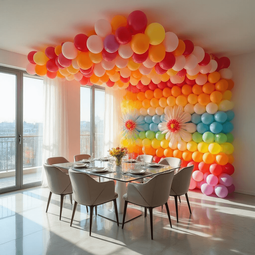 Celebrating 21: The Ultimate Guide to Stunning Birthday Balloon Decor Wide shot of a modern apartment featuring a vibrant ceiling-to-floor balloon cascade in gradient colors, with a glass dining table reflecting colorful balloon clusters and contemporary furniture, all illuminated by bright natural lighting for a festive ambiance.