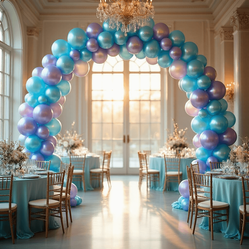 Cinematic wide-angle view of an elegant indoor ballroom with a shimmering mermaid balloon arch in ocean blues, purples, and pinks. Golden hour sunlight streams through tall windows, illuminating holographic balloons. Round tables adorned with silk aqua linens and fresh white florals enhance the luxurious underwater fantasy theme.