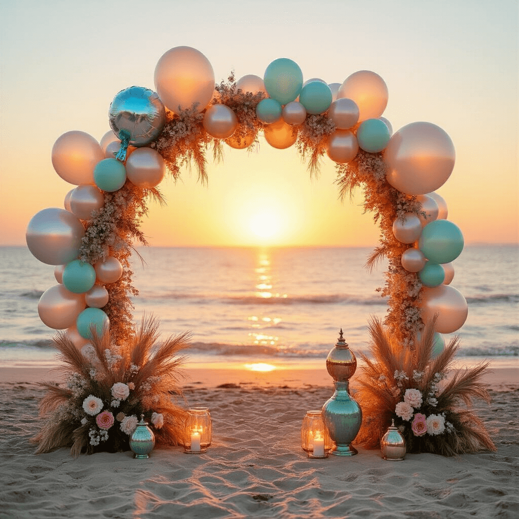 A stunning beachfront celebration at golden hour, featuring a mermaid balloon photo backdrop, shimmering holographic balloons, fresh coastal florals, driftwood accents, and seafoam-colored glassware and ceramics, creating a magical atmosphere.