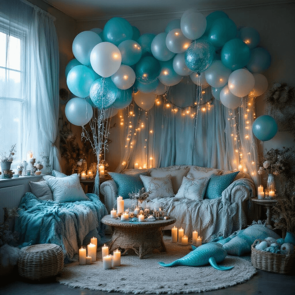 Cozy living room transformed into an enchanted underwater realm, featuring fairy-lit mermaid balloon clusters, flickering candles, ocean-inspired textiles, and whimsical decorations for a magical mermaid celebration.