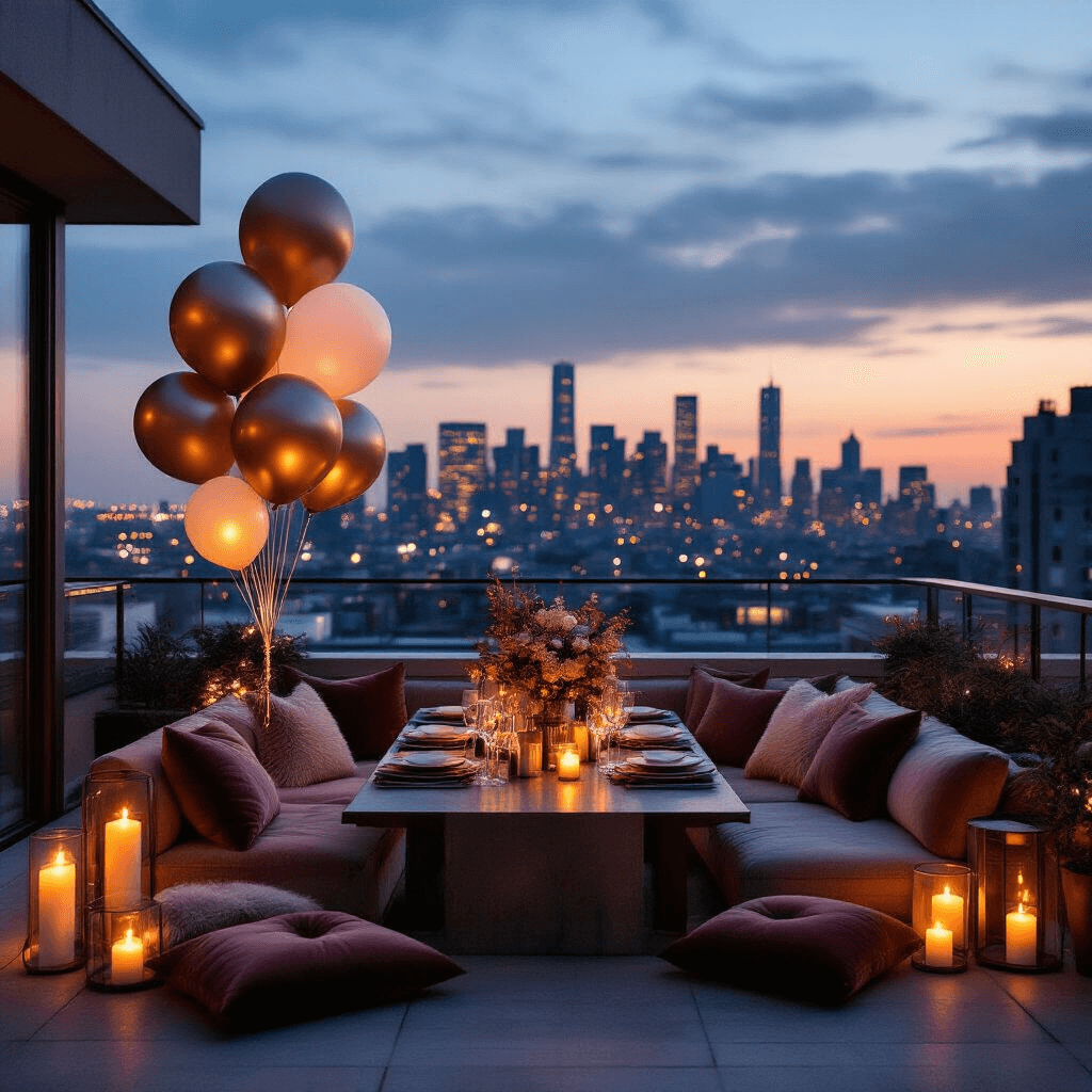 Ultimate Guide to Birthday Helium Balloons: Everything You Need to Know A modern apartment rooftop illuminated by fairy lights, featuring DIY balloon bouquets in matte and metallic finishes, an intimate dining setup with velvet cushions and layered textiles, and candle groupings, against a backdrop of twinkling city lights and an urban skyline.