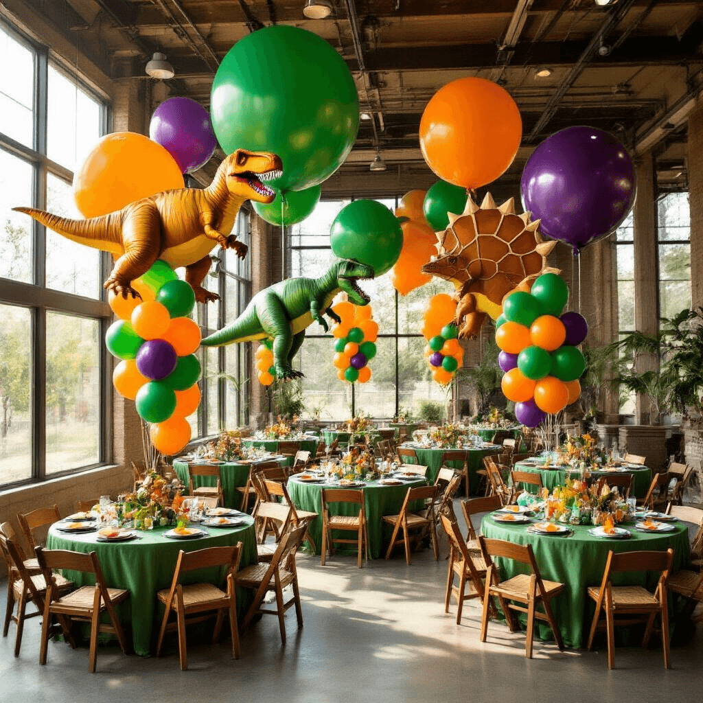 Roaring Fun: The Ultimate Guide to Dinosaur Balloons for Epic Parties Wide-angle shot of a vibrant indoor party venue decorated like a prehistoric playground, with colorful latex dinosaur balloons around round tables, giant mylar T-Rex and Triceratops balloons overhead, and dinosaur-themed centerpieces featuring fossils and safari green linens. Natural sunlight filters through large windows, creating playful shadows.