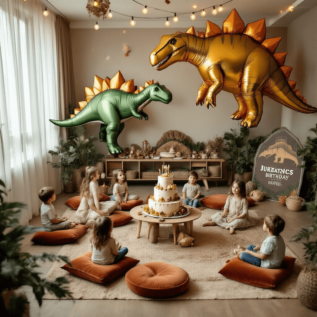 Roaring Fun: The Ultimate Guide to Dinosaur Balloons for Epic Parties Cinematic overhead view of a stylish birthday party in a modern living room, featuring massive dinosaur balloons, picnic tables with an earthy color palette, fairy lights, children around a tiered dinosaur cake, and prehistoric decorations.