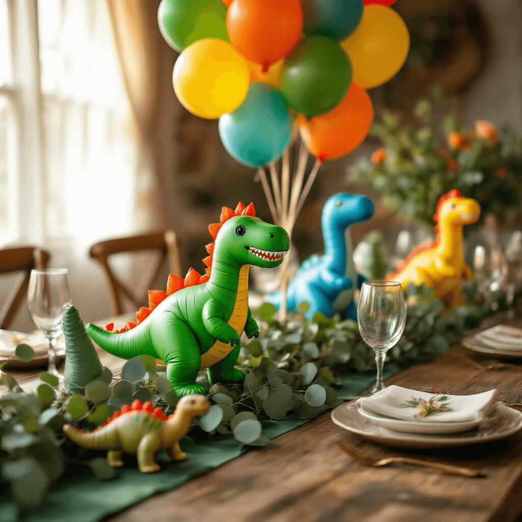 Roaring Fun: The Ultimate Guide to Dinosaur Balloons for Epic Parties Close-up of a whimsical dinosaur balloon centerpiece on a rustic wooden table, featuring vibrant latex balloon sculptures, fresh eucalyptus garlands, ceramic dinosaur figurines, custom party favors, and a forest green silk table runner, all beautifully illuminated by soft golden hour lighting.