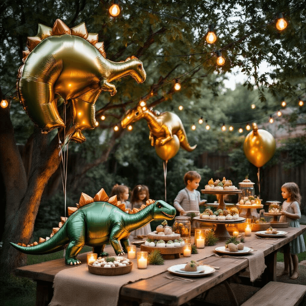 Roaring Fun: The Ultimate Guide to Dinosaur Balloons for Epic Parties A cozy backyard dinosaur party in the evening, featuring twinkling string lights, giant metallic foil dinosaur balloons, and low wooden tables with fossil-inspired decor. Children enjoy a dessert cart filled with dinosaur-themed treats amidst a terracotta and sage green color scheme.
