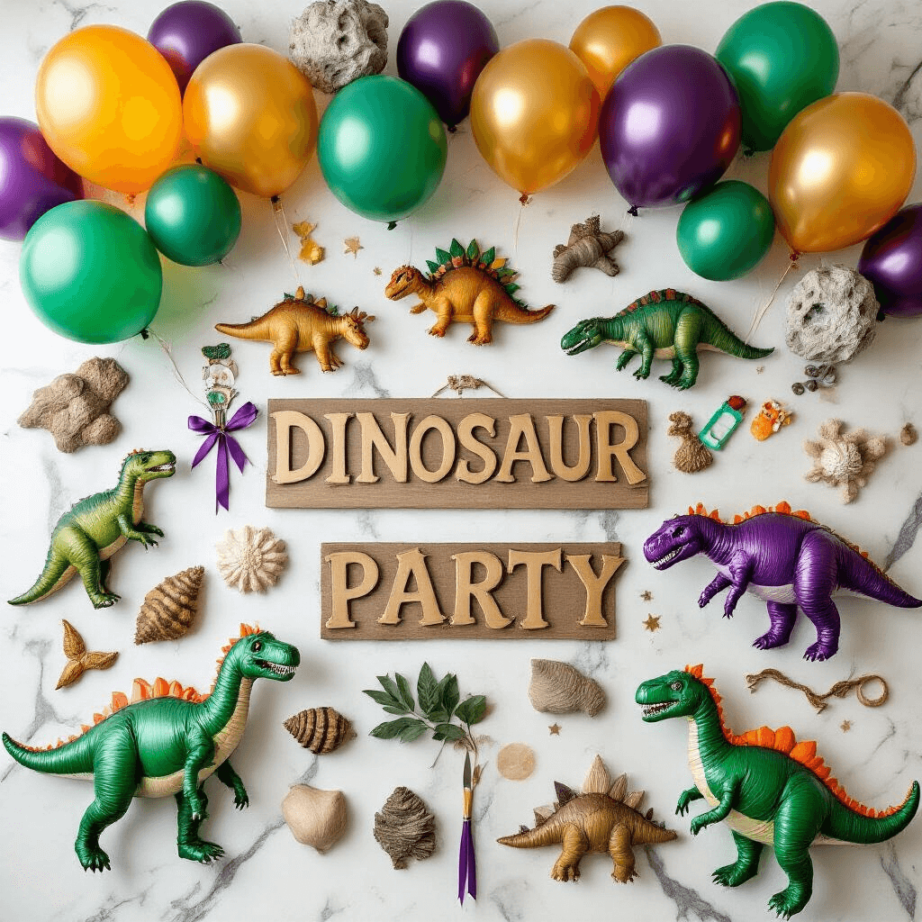 Roaring Fun: The Ultimate Guide to Dinosaur Balloons for Epic Parties Flat lay of a vibrant dinosaur-themed party setup on a marble countertop, showcasing an array of dinosaur balloons, DIY balloon-twisting supplies, custom party favors, fossil decorations, and handmade signage, all illuminated by natural morning light.