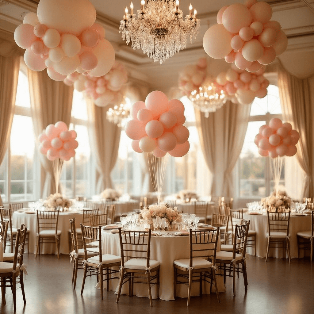 How to Tie Balloons Together: A Complete Guide for Perfect Party Decorations Wide-angle shot of a luxurious indoor ballroom at golden hour, adorned with professional balloon clusters in blush pink and cream, draped silk linens on round tables with marble centerpieces, and sunlight filtering through sheer curtains, enhancing the elegant atmosphere.