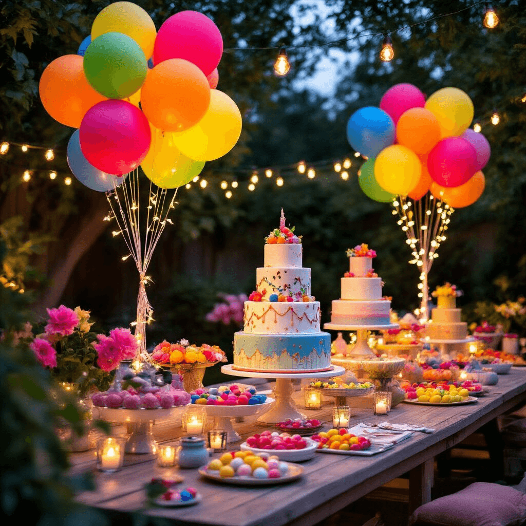 How to Tie Balloons Together: A Complete Guide for Perfect Party Decorations A festive children's birthday party in a stylish backyard at night, featuring expertly arranged bold primary colored balloon clusters, tiered cake displays, custom party favors, and DIY balloon garlands, all illuminated by fairy lights.