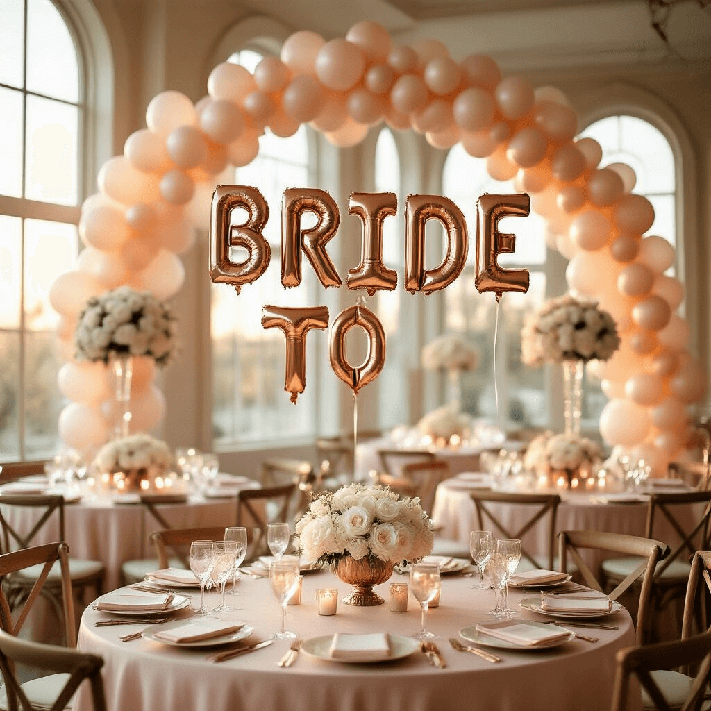 Bride to Be Balloons: The Ultimate Party Decoration Guide Indoor ballroom bridal shower featuring rose gold