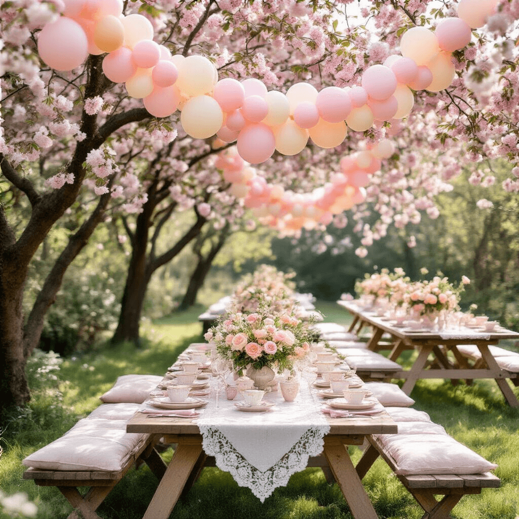 Bride to Be Balloons: The Ultimate Party Decoration Guide An overhead view of a charming garden party setup featuring pastel pink balloon garlands between blossoming cherry trees, with low picnic tables adorned with vintage lace runners, delicate teacups, floral arrangements in lavender and cream, and personalized party favors, all illuminated by soft morning sunlight.