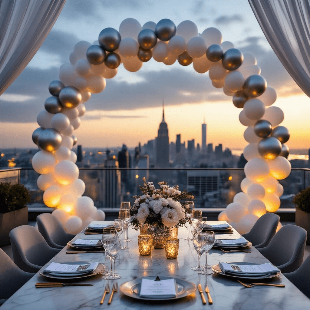 Bride to Be Balloons: The Ultimate Party Decoration Guide Rooftop terrace celebration with silver and white balloon arch, city skyline at golden hour, twinkling fairy lights, marble-top tables with metallic centerpieces and crystal glassware, sheer white drapery, and elegant place settings with custom signage.