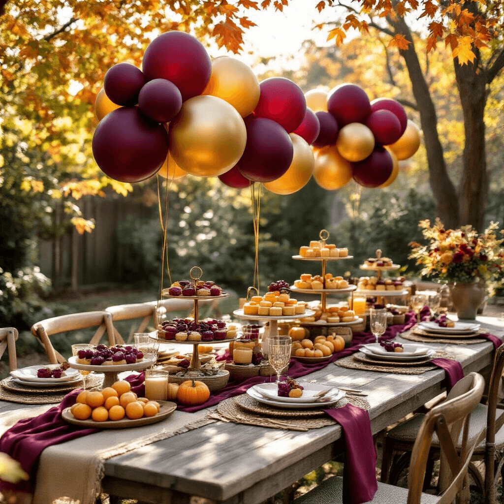 Bride to Be Balloons: The Ultimate Party Decoration Guide Stylish backyard brunch setup with jewel-toned fall balloons in burgundy and gold, rustic wooden tables, silk runners, tiered dessert displays, and autumn leaves illuminated by midday sun.