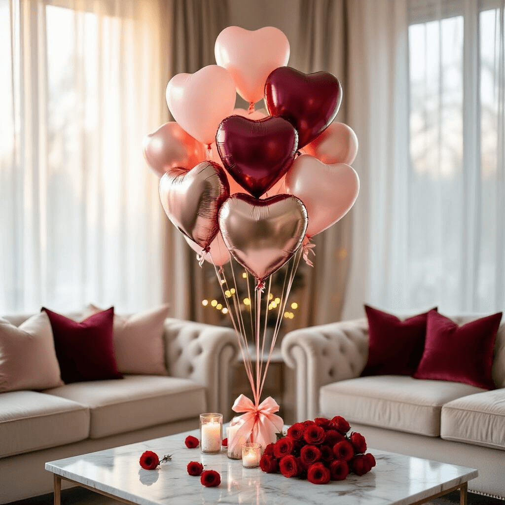 Crafting the Perfect Valentine's Balloon Bouquet: A Romantic DIY Guide Wide-angle shot of an elegant indoor living room featuring a Valentine's balloon bouquet centerpiece with blush pink, deep red, and rose gold metallic balloons, soft morning light, silk ribbons, scattered red roses, and twinkling fairy lights, framed by luxurious cream velvet cushions.