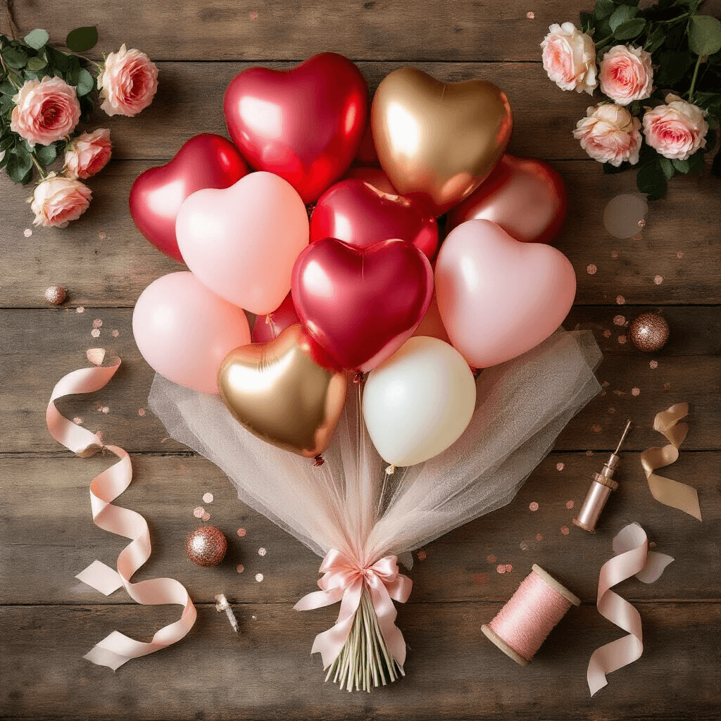 Crafting the Perfect Valentine's Balloon Bouquet: A Romantic DIY Guide Overhead view of a DIY balloon bouquet station on a rustic wooden table, featuring heart-shaped balloons in red, soft pink, and ivory with rose gold accents, illuminated by golden hour light. The setup includes tulle, glitter confetti, a balloon pump, silk ribbons, balloon weights, and fresh roses, creating a romantic crafting atmosphere.