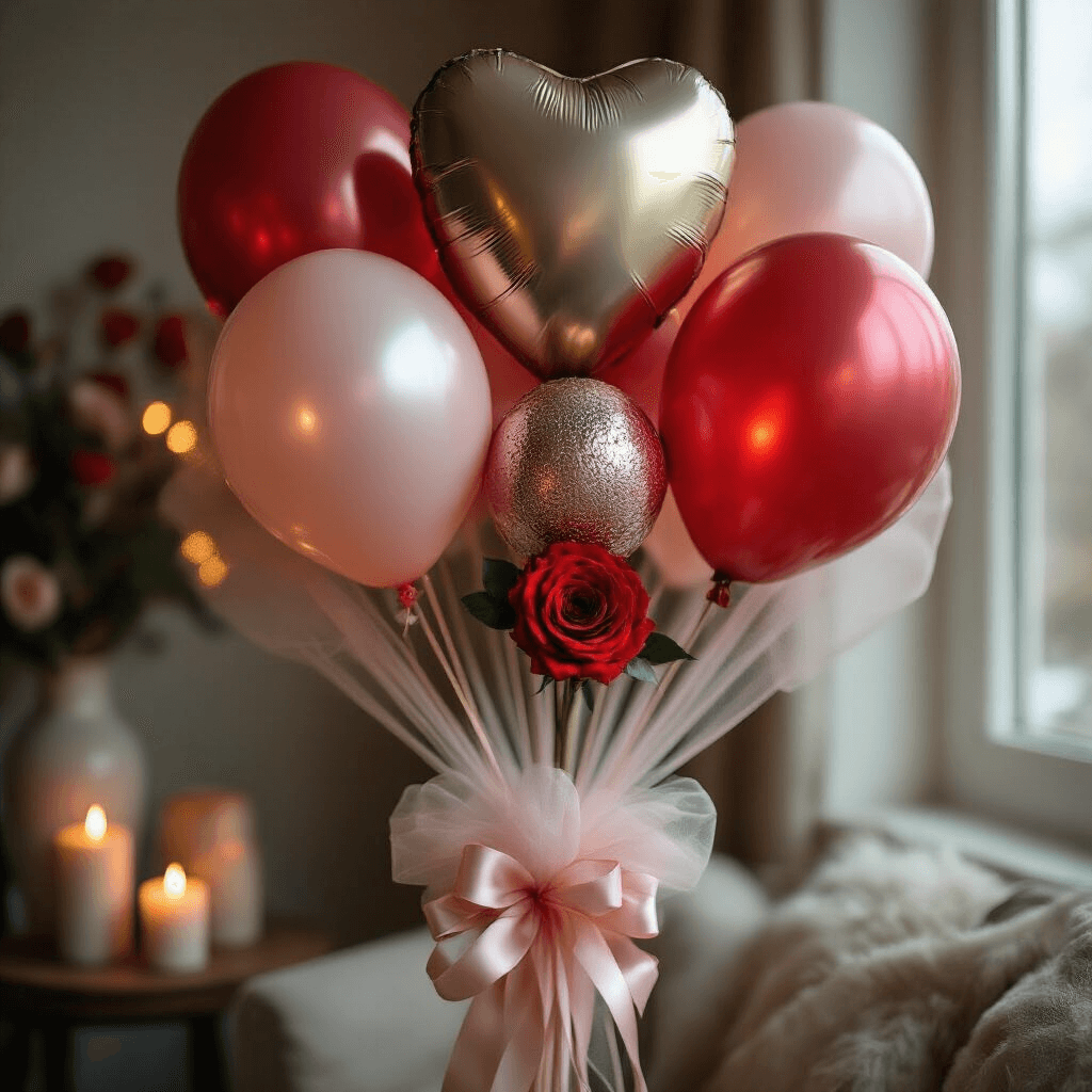 Crafting the Perfect Valentine's Balloon Bouquet: A Romantic DIY Guide Close-up of a Valentine's balloon bouquet in a cozy apartment corner, featuring printed love themes and metallic finishes, with delicate tulle-wrapped stems and cascading satin ribbons, complemented by a single red rose, all set in a candlelit ambiance that highlights romantic elegance.