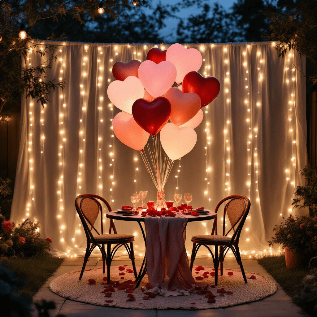 Crafting the Perfect Valentine's Balloon Bouquet: A Romantic DIY Guide Cinematic wide shot of a romantic backyard Valentine's celebration featuring a balloon bouquet as the focal point, surrounded by string lights, a round bistro table adorned with heart-shaped balloons, and a terracotta and blush pink color scheme with gold accents, creating a whimsical yet sophisticated atmosphere.