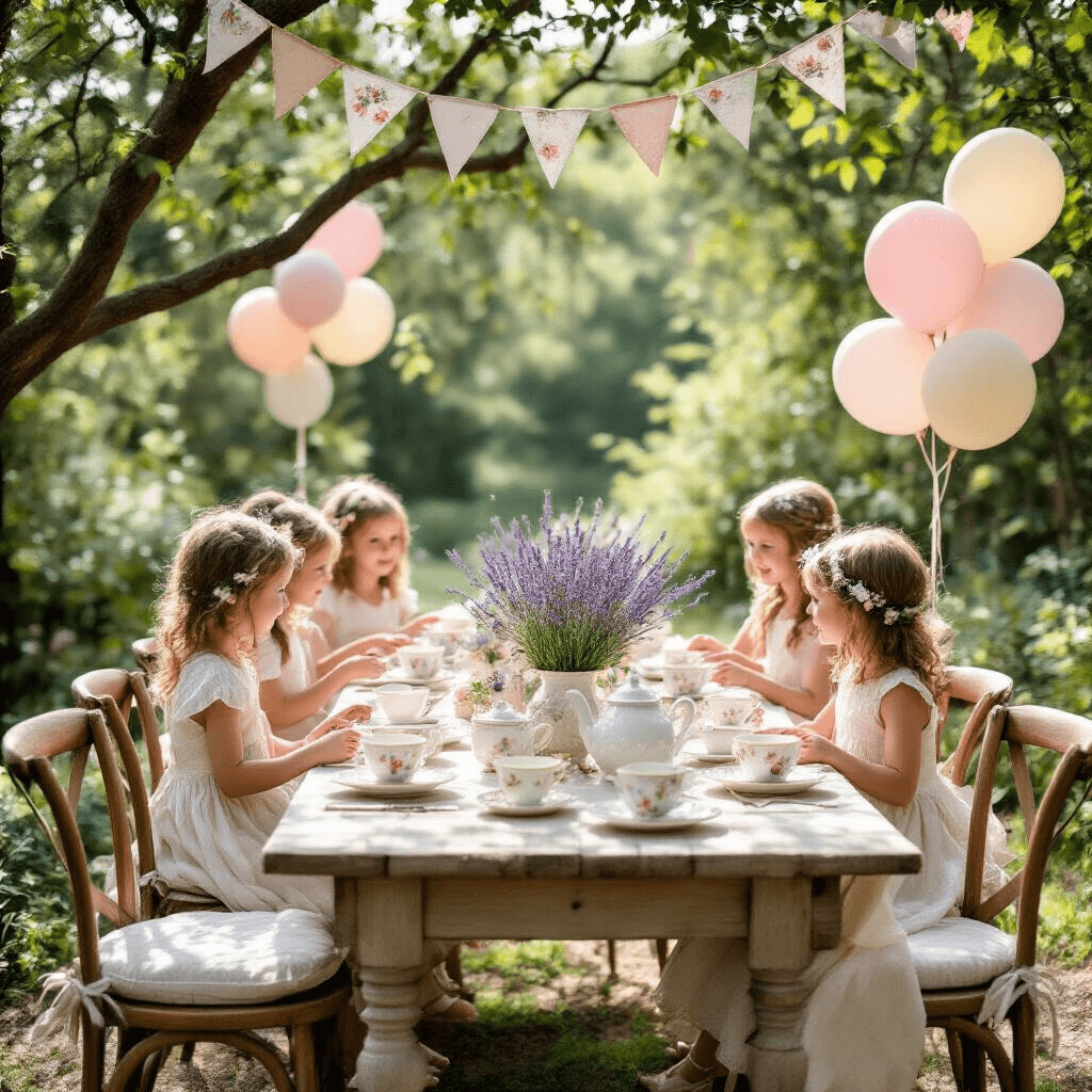 Magical Toddler Tea Party Birthday: The Ultimate Guide to Creating Unforgettable Memories A beautifully styled garden party with rustic tables draped in cream linen, surrounded by vintage chairs adorned with floral cushions. Fresh lavender centerpieces on delicate china tea sets, soft pastel balloon clusters, and whimsical DIY bunting create a cozy atmosphere, perfect for capturing children's joyful moments.