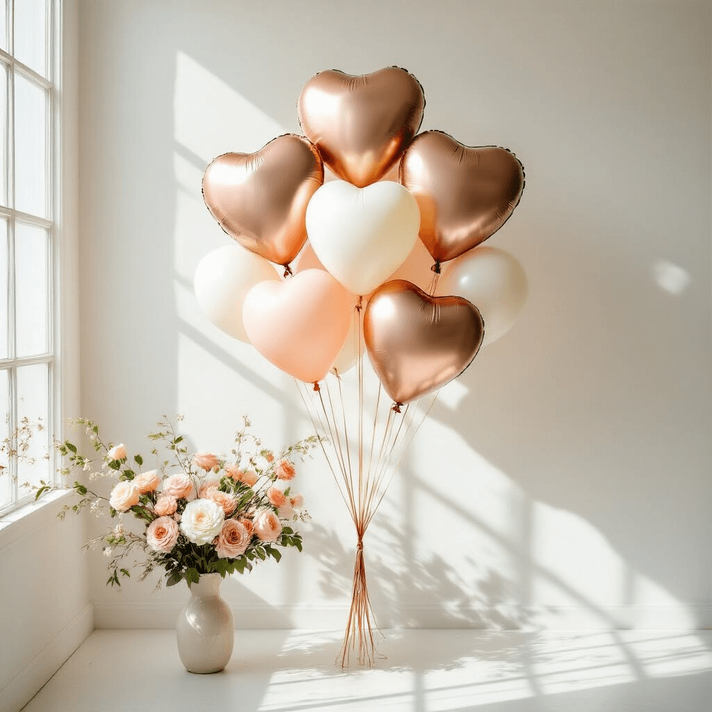 Crafting the Perfect Valentine's Balloon Bouquet: A Romantic DIY Guide A beautifully styled balloon bouquet featuring large heart balloons in rose gold and ivory, arranged against a clean white backdrop. Fresh floral accents complement the romantic composition, illuminated by soft midday sunlight that highlights the balloon textures and creates gentle shadows. Minimal props enhance the luxe aesthetic, making for a perfect Instagram-worthy image.